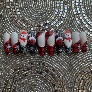 Christmas Press on Nails, Red and Black press on nails, snow flakes press on nails