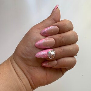 Christmas Press on Nails, Pink nails, Snow flakes nails, Almond fake nails