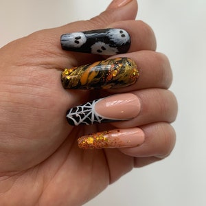 spooky Halloweens  coffin nails, black and brown spider web nails
