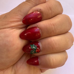 Christmas Press on Nails, Pink nails, Snow flakes nails, Almond fake nails