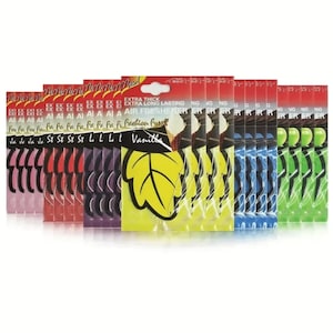 Może przedstawiać: Opakowanie 12 odświeżaczy powietrza do samochodu w różnych kolorach i zapachach. Odświeżacze mają kształt liści i mają nadrukowany tekst "Extra Thick Extra Long Lasting Air Freshener Fashion Fans Vanilla" na przodzie.