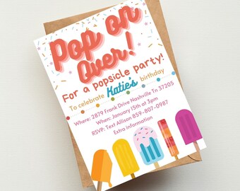 Puede incluir: Una invitación colorida para una fiesta de paletas de hielo para celebrar el cumpleaños de Katie. La invitación presenta un diseño divertido y juguetón con gráficos de paletas de hielo y confeti. El texto dice "Pop on Over! For a popsicle party! To celebrate Katie's birthday. Where: 2879 Frank Drive Nashville Tn 37205 When: January 15th at 3pm RSVP: Text Allison 859-807-0987 Extra information"