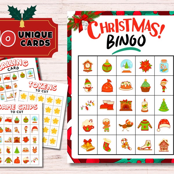 10 Christmas Bingo Cards - Festive Holiday Game - Family Fun Activity - Santa, Snowmen, Reindeer - Party Game for Kids, Digital Download