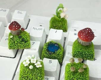 Enchanted Nature Artisan Keycap, Mushroom House, Lily of the Valley, and Whimsical Forest Designs for Cherry MX Keyboards, Gift for him/her