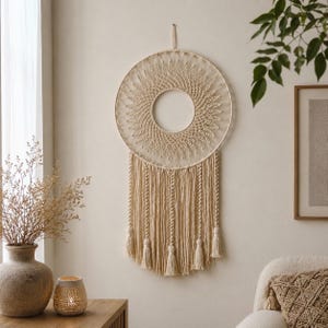 Op de afbeelding: Een cirkelvormige macramé wandhanger met een ingewikkeld zonnestraal-knoopmotief in een ring, opgehangen aan een koord. Het onderste gedeelte bestaat uit lange, verticale franjes afgewisseld met gedraaide touwsegmenten die eindigen in kwastjes.