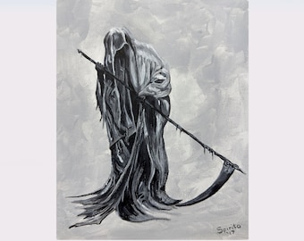 Impresión de pintura al óleo de la Parca de Halloween - Arte de guadaña espeluznante en blanco y negro