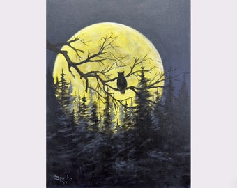 Impresión artística de búho de Halloween: silueta de bosque inquietante con luna llena