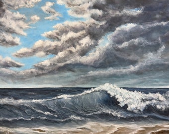 Impresión al óleo de olas del océano en Cape Cod - Arte de tormenta costera / Decoración de costa serena / Pintura al óleo de paisaje marino