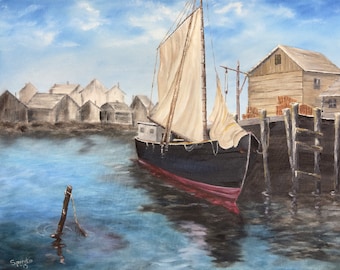 Serenidad en velero - Impresión artística de un pueblo pesquero soleado - Decoración costera