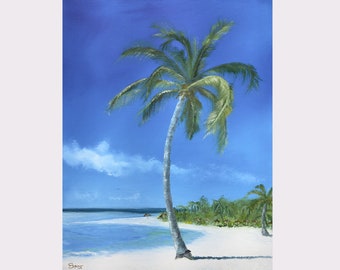 Impresión de pintura al óleo de palmera caribeña: Día soleado con agua azul clara en una playa aislada. Arte mural.
