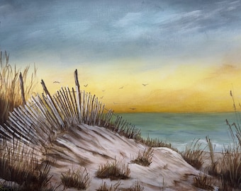 Impresión en óleo cautivadora de un atardecer en Cape Cod: Dunas serenas y cerca de madera flotante