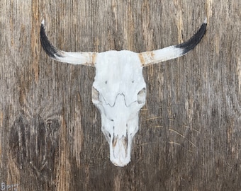 Impresión artística de calavera de toro sobre madera desgastada: arte moderno con encanto rústico / Decoración de pared única para el hogar y la oficina