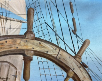 Obra maestra marítima: cautivadora impresión de un capitán de barco al timón: pintura al óleo náutica con cuerdas y velas en un día soleado en el mar.