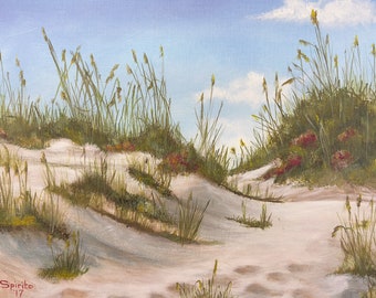 Impresión de pintura al óleo de dunas de arena de Cape Cod - Arte mural de paisaje costero - Ilustración de césped de playa en un soleado día de verano - Ambiente costero tranquilo
