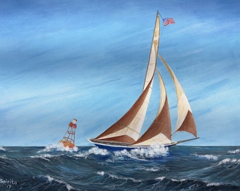 Lámina de velero: decoración costera serena, arte mural náutico de un velero en aguas agitadas en un día de verano sin nubes con una boya flotante.