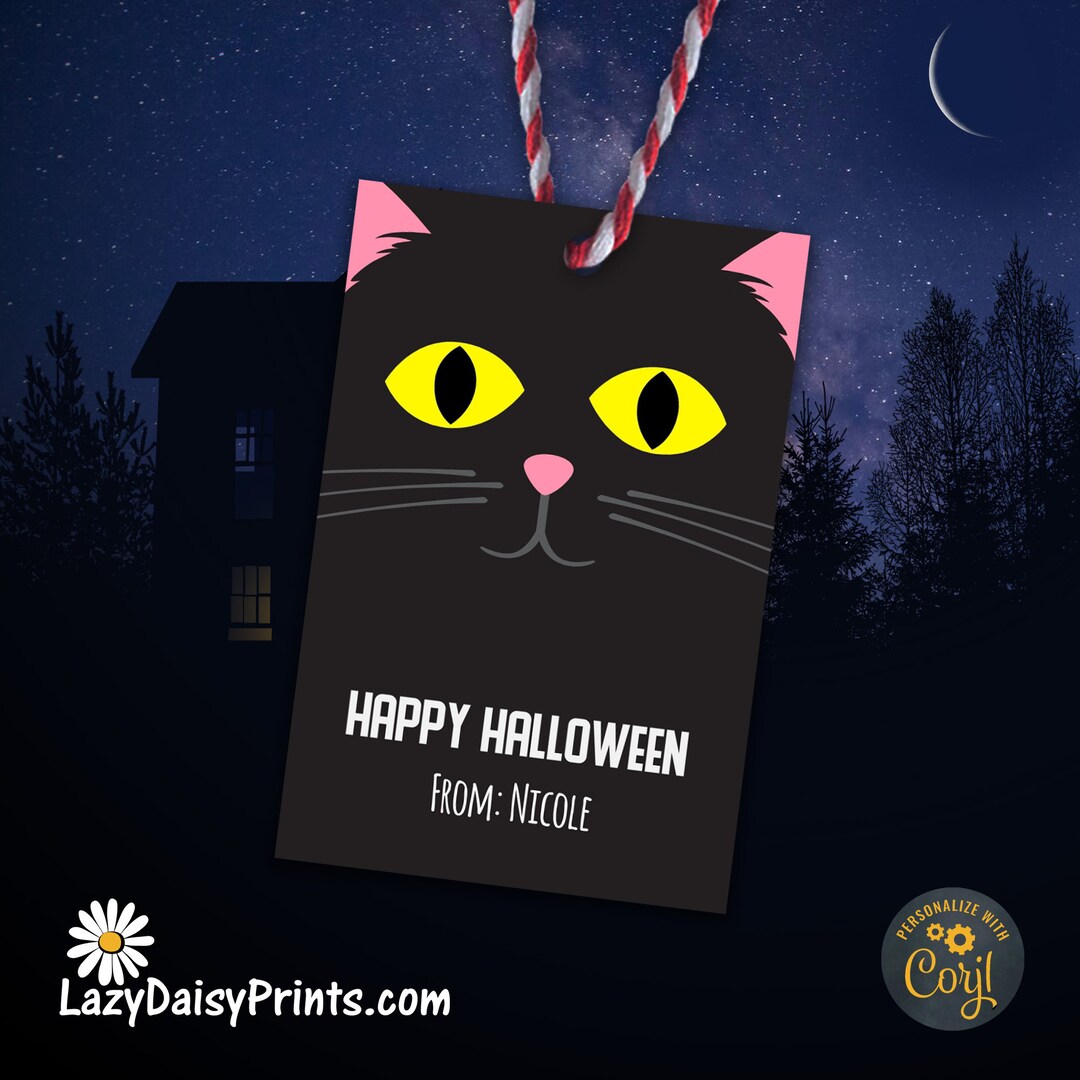 Editable Tag - Happy Halloween Black Cat Face - Etsy