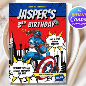 Captain America Birthday Invitation, Canva Editable Captain America Birthday Invite, Avengers Superhero Invite, Printable B-Day Invitation