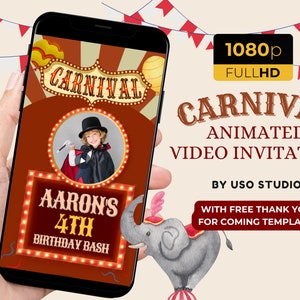 Carnival Video Invitation, Circus Animated Video Party Invites, Carnival Circus Birthday Party Invitation, Digital Template Digital Download