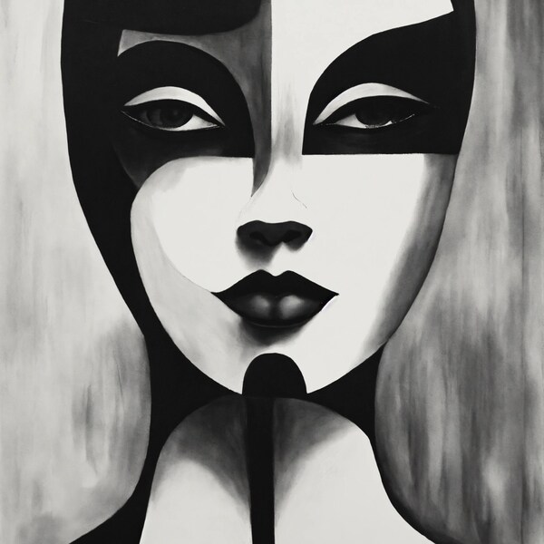 A Black and White Drawing of a Woman's Face, a Minimalist Painting by Sophie Taeuber-Arp, Pixiv, Vorticism, Picasso, Minimalist, Biomorphic