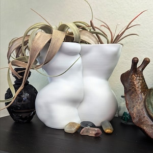 May include: White ceramic planter shaped like two female figures, holding a green and brown air plant. The planter is sitting on a black surface with several small crystals.