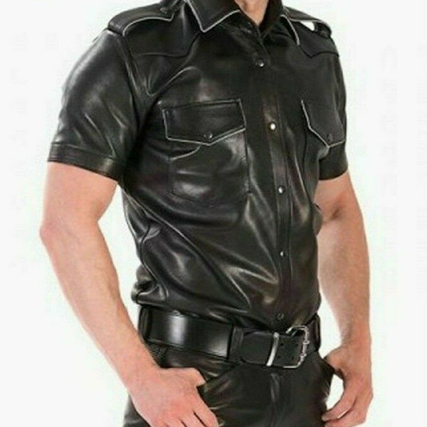 Chemise style policier en cuir véritable à manches courtes pour homme avec passepoil coloré