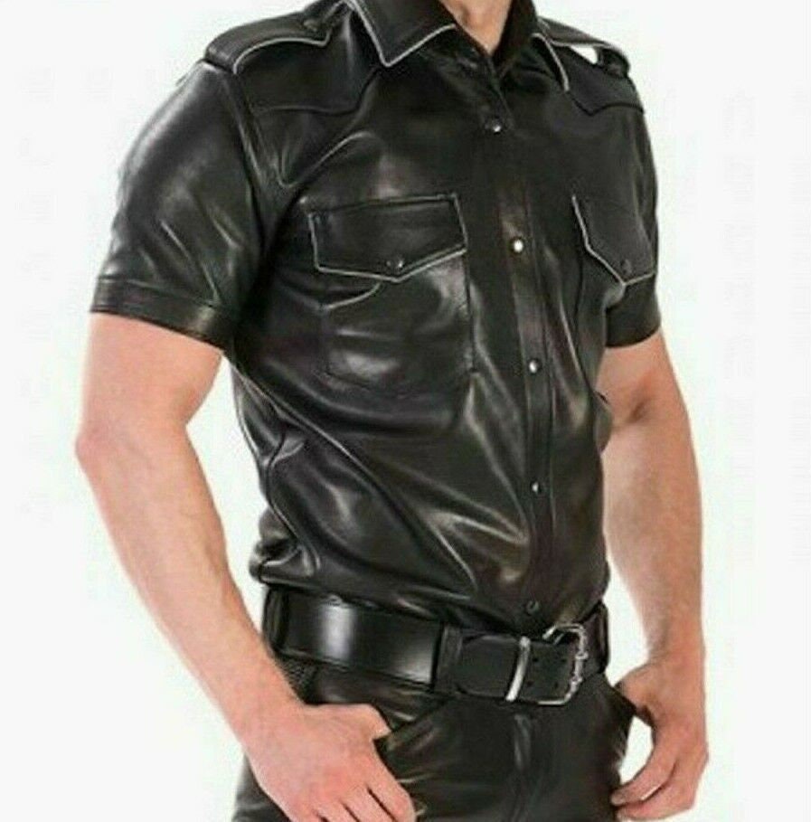 トップス requal LEATHER LIKE CUMMERBAND SHRIT Mens Real Leather Police Style Shalf Sleeve Shirt With Color