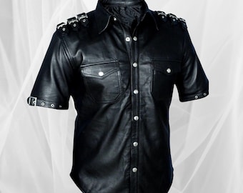 Men Black Real Leather Full Sleeves Party Wear Shirt