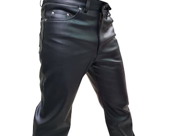 May include: Black leather pants with a zipper fly and a classic five-pocket design.
