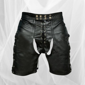 Mens Black Genuine Leather Chaps Style Club Wear Shorts