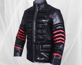 Mens Black and Red Real Leather Steampunk Tunic Jacket