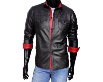 Men Black and Red Real Leather Full Sleeves Slim Fit Party Wear Shirt