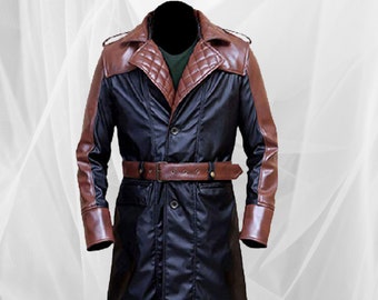 Mens Genuine Leather Steampunk Quilted Trench Leather Coat with Hood