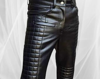 Mens Black Genuine Leather Sleek uilted Style Jeans Bluf Pants Trousers