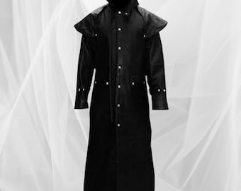 Mens Black Genuine Leather Riding Hunting Trench Leather Coat with Hood