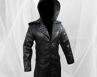 Mens Black Genuine Leather Matrix Gothic Trench Leather Coat with Hood