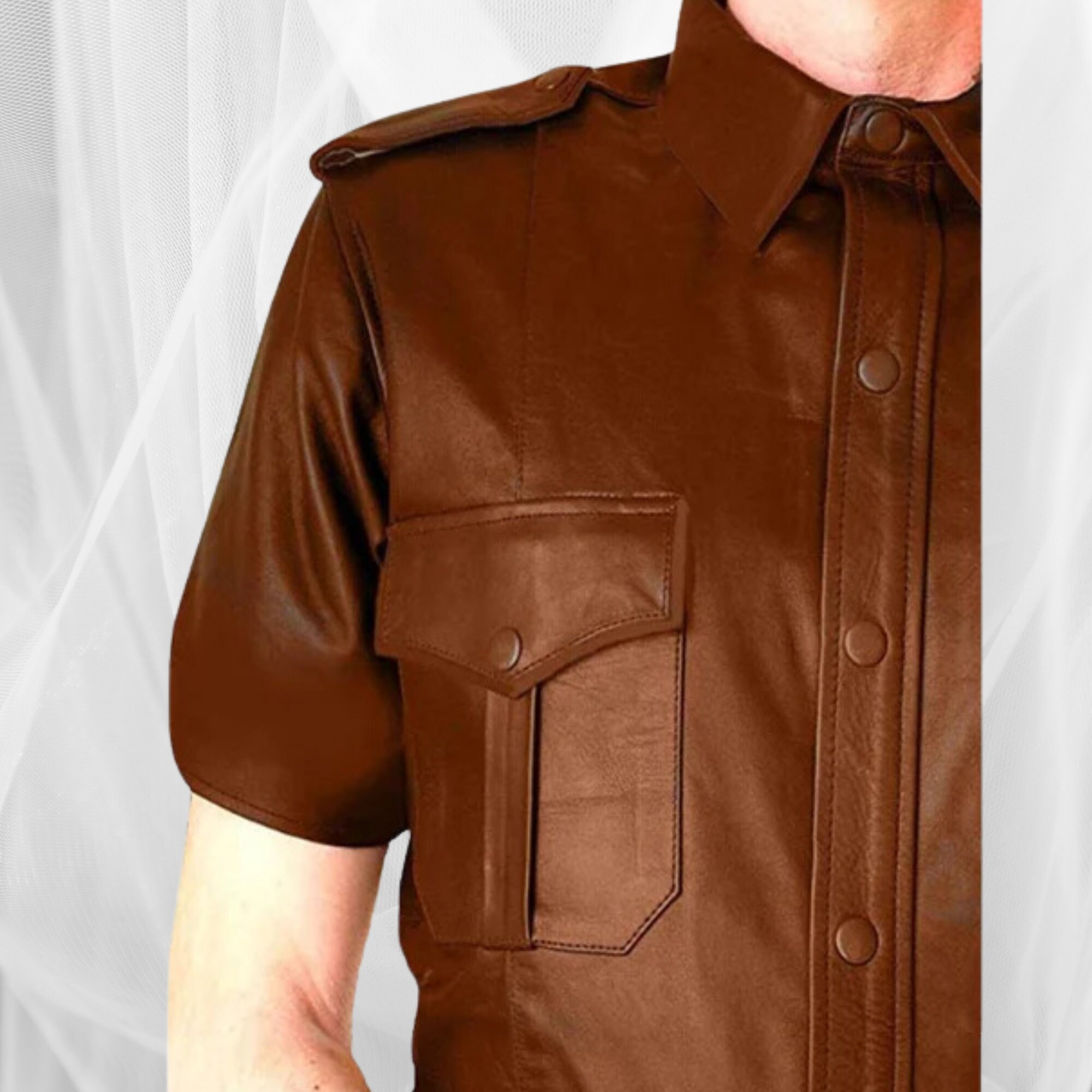 Men's Genuine Leather Grey Half Sleeves Shirt