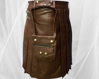 Kilt masculino plissado de couro real marrom com sporran