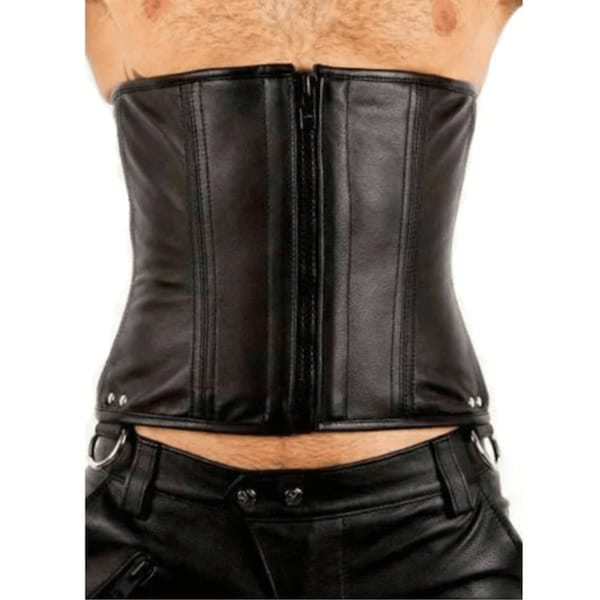 Mens Black Real Leather Steel Boned Corset