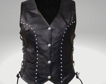 Frauen Damen Schwarz Echtleder Biker Style Weste Weste Mantel Kausal Tragen