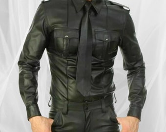 Mens Black Genuine Leather Full Sleeves Military Style Bluf Shirt