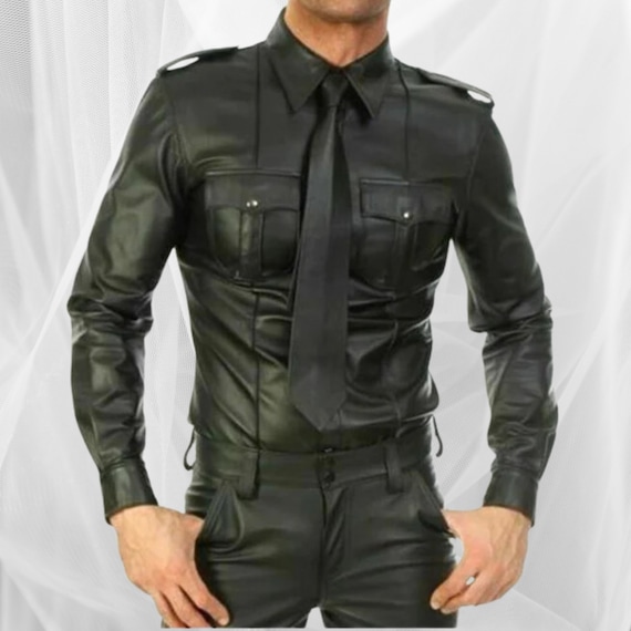 leather dress shirt mens Men's Luka Leather Short Sleeve Shirt [Orange] XL