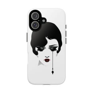 May include: A white smartphone case featuring a stylized black and white illustration of a face with short black hair, dark eyeshadow, long eyelashes, and deep red lips. A single thin black line extends from one eye down to a diamond shape.