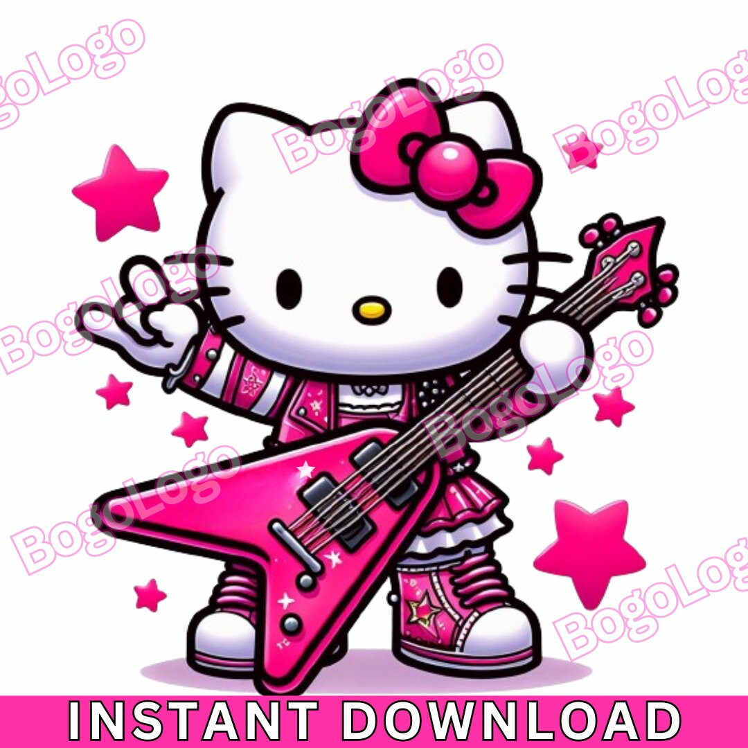 Hello Rockstar Kitty PNG Pink Guitar Pink Stars PNG Pink Rock Out PNG Kitty Pink Rockstar