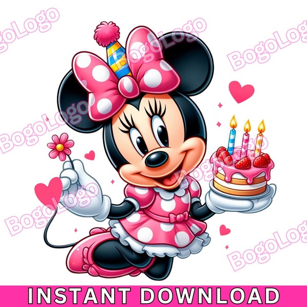 Cute Girl Mouse Birthday PNG | Pink Birthday | Polka Dot Dress PNG | Happy Birthday | Birthday Strawberry Cake | Pink | Instant Download