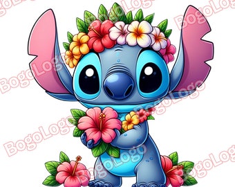 Ohana Stitch Flowers PNG | Stitch Flowers | Friendly Stitch PNG | Colorful | Hawaii | Stitch | Instant Download