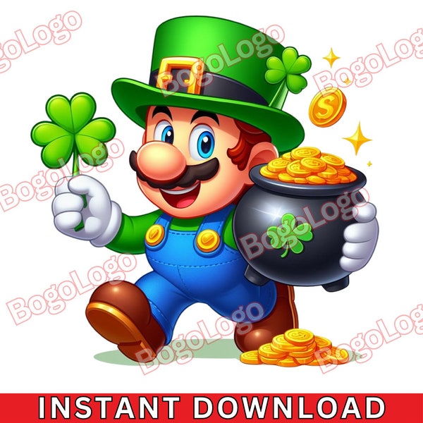 Fun Mario Clover PNG | Green Hat | St Patrick | Green | Pot of Gold PNG |  Lucky Gold  |  Mario | Instant Download