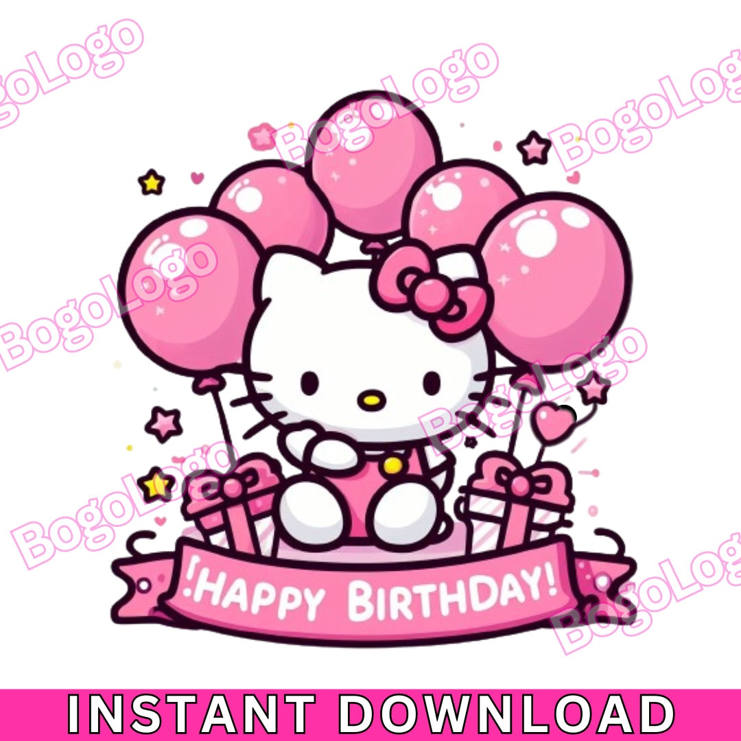 Hello Birthday Kitty PNG Birthday Celebration Pink Balloons Kitty