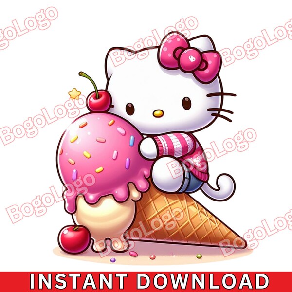 Kawaii Kitty I Ice Cream Cone PNG | Sprinkles | Ice Cream Lovers | Pink Bow | Cherries | Kawaii | Instant Download