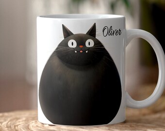 Personalised Black Cat Mug, Cat Lovers Gifts, Customized Fat Cat Mug, Illustrated Fat Black Cat, Cat Gift For Her, Chubby Black Cat