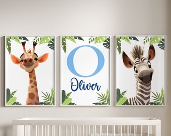 Personalised Safari Nursery Prints, Set Of 3 Prints, Safari Nursery Decor, Personalised Gift For Kids, Personalised Name, Giraffe, Zebra